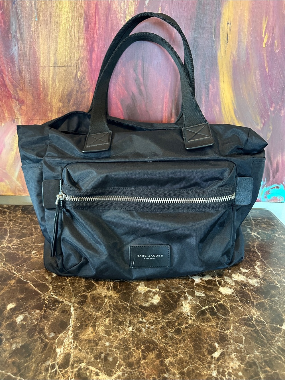 Marc Jacobs Black Nylon Duffel Tote with Front Zip Pocket